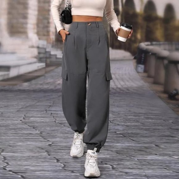 casual Flap detail button elastic Hem Contemporary carrot Pants gray - Picture 2 of 6